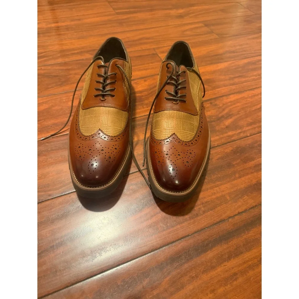 Stacy Adams Mens Cognac Plaid Wingtip Oxford Shoes  Size 12 M